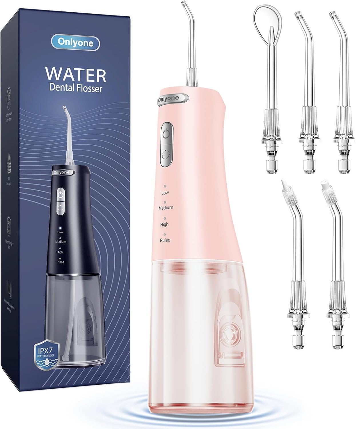 Onlyone Irrigador Dental Portátil – 300ML Limpiador Bucal Recargable, 4 Modos & 5 Boquillas, Flosser Eléctrico para Dientes, Resistente al Agua IPX7, Uso en Casa y Viaje (Negro)